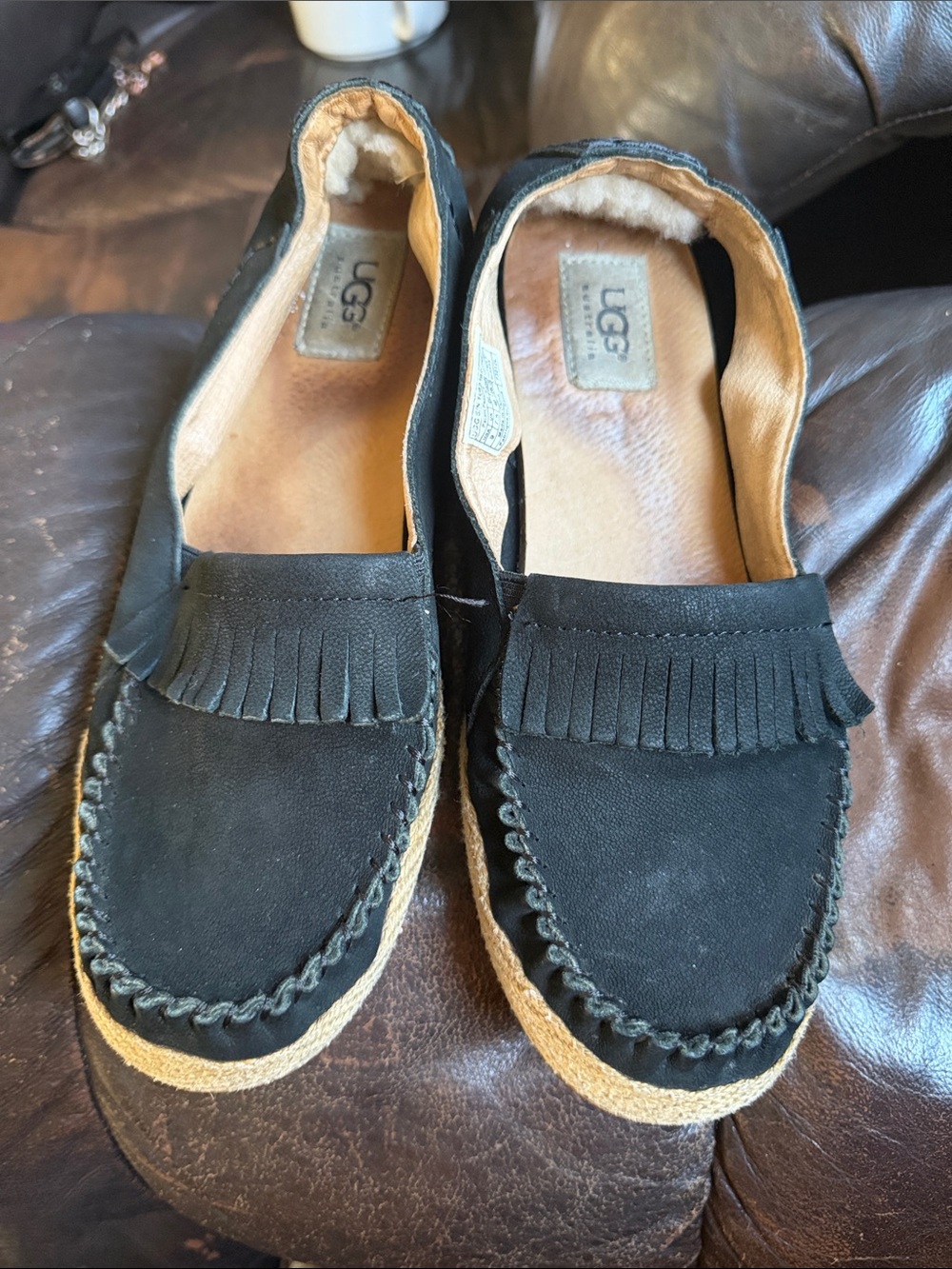 UGG Black Suede Fringe Moccasin Loafers